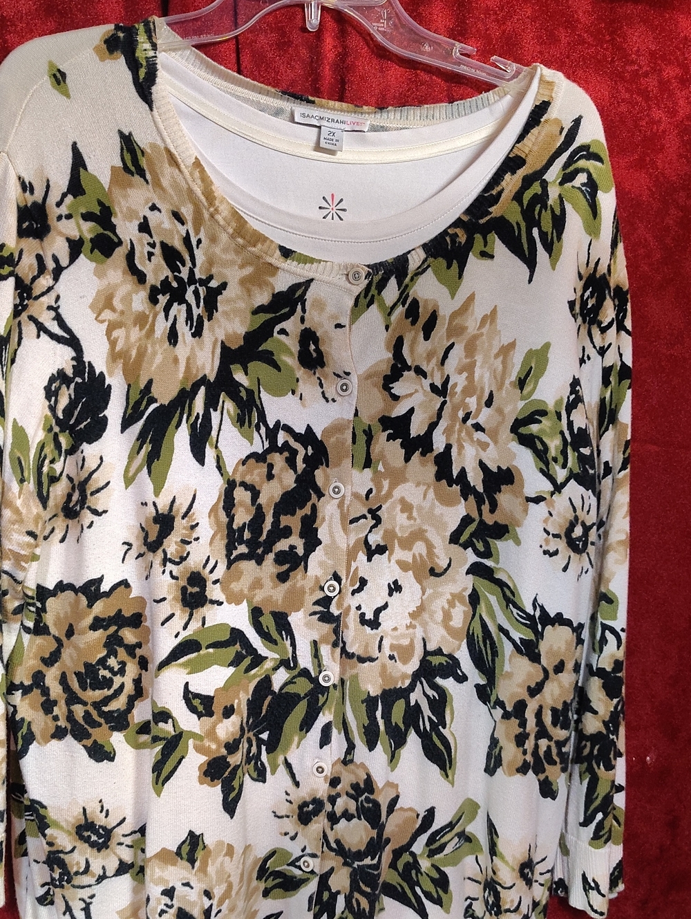 Isaac Mizrahi Cream Floral Button-Front Shirt with Olive and Black Accents